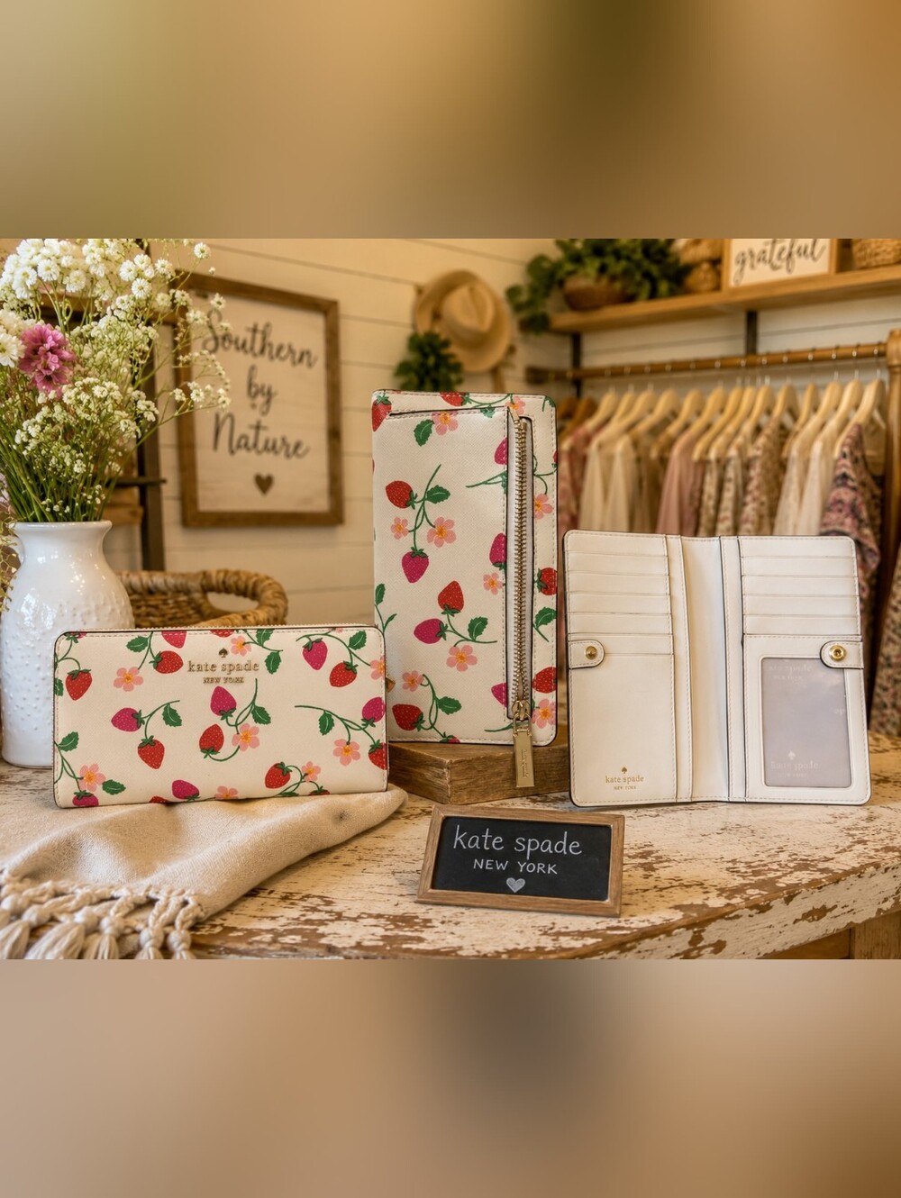 Kate Spade Cream Strawberry Print Wallet with Card Inserts